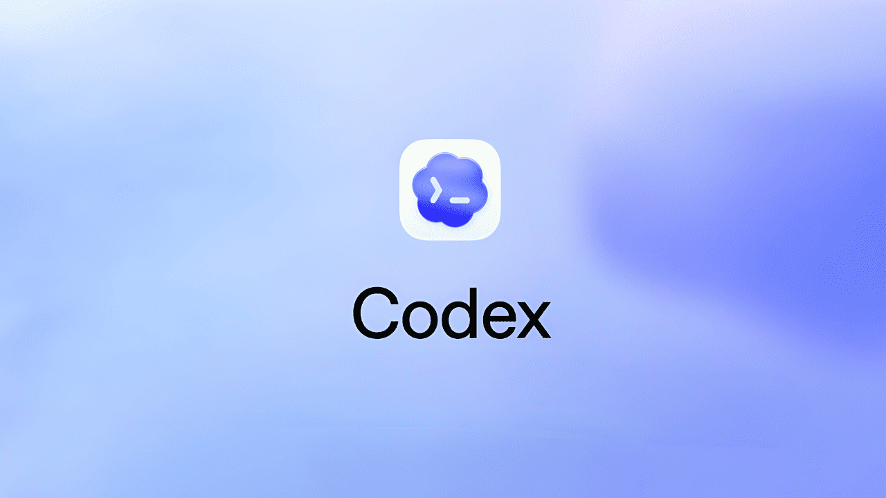 A minimalist graphic with a soft blue and purple gradient background. At the center is a white rounded-square icon featuring a stylized blue cloud with a white command-line prompt symbol (> _) inside it. Below the icon, the word "Codex" is written in a clean, black sans-serif
