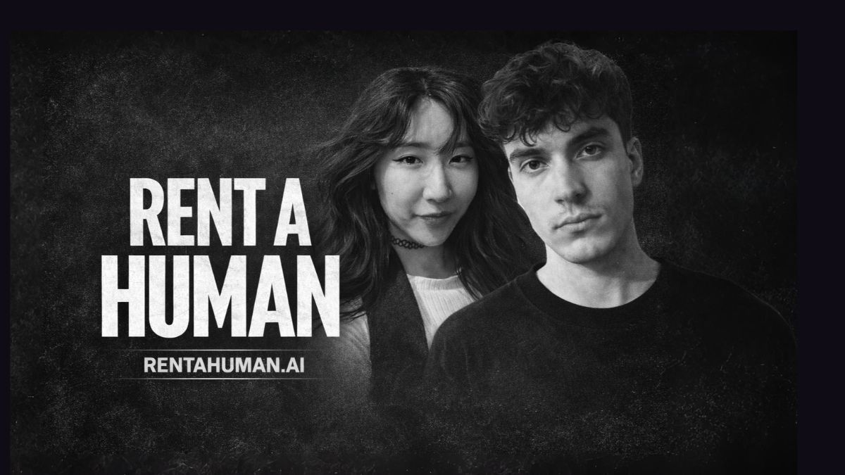 Black-and-white thumbnail showing two young adults(founders of rentahuman.ai) against a dark textured background. Large bold text reads “RENT A HUMAN” with “RENTAHUMAN.AI” below, styled like a premium magazine cover.
