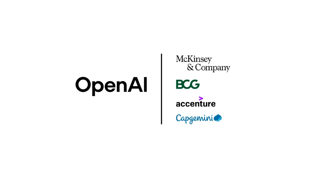 This image displays the OpenAI logo on the left, separated by a vertical black line from a column of four partner logos on the right: McKinsey & Company, BCG, accenture, and Capgemini.