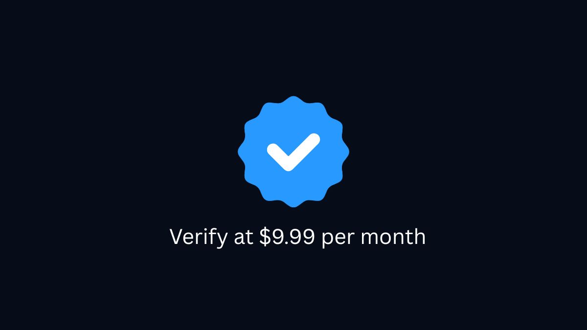 Promotional graphic for RentAHuman.ai Verify subscription showing a blue checkmark badge on a dark background, with text "Verify at $9.99 per month" confirming the $9.99 monthly pricing.