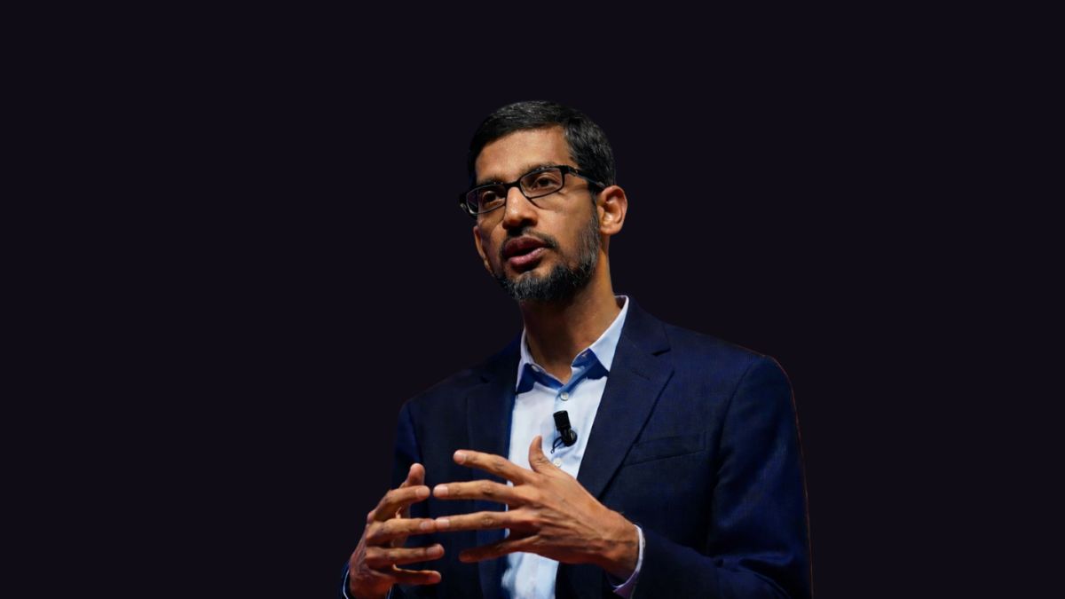 Alphabet Q4 2025 Earnings: Revenue Tops $400B as AI Momentum Builds 1 Sundar Pichai, CEO of Alphabet and Google, giving a speech about Q4 2025 earnings results against a dark digital background.