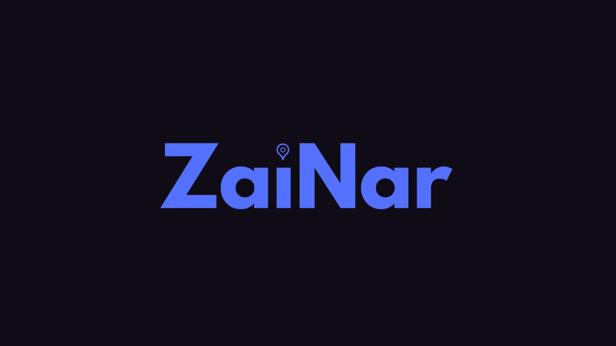 The company logo for "ZaiNar" displayed in a bold, light-blue sans-serif font against a black background. The dot above the lowercase letter "i" is replaced with a stylized location pin icon, suggesting navigation or positioning technology.