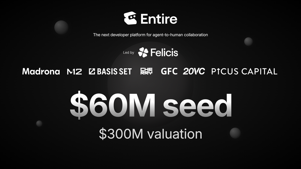 Former GitHub CEO Thomas Dohmke Launches Entire With $60M Seed to Build AI-Native Developer Platform 1 Promotional graphic announcing Entire's $60M seed round at $300M valuation. Features black background with "The next developer platform for agent-to-human collaboration" tagline, centered Entire logo, and logos for lead investor Felicis plus Madrona, M12, Basis Set, GFC, 20VC, Picus Capital. Prominent text highlights "$60M seed" and "$300M valuation."