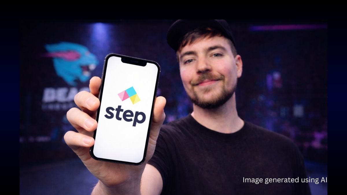 Mrbeast holding a smartphone toward the camera with the Step app logo centered on the screen, set against a blurred neon studio background.