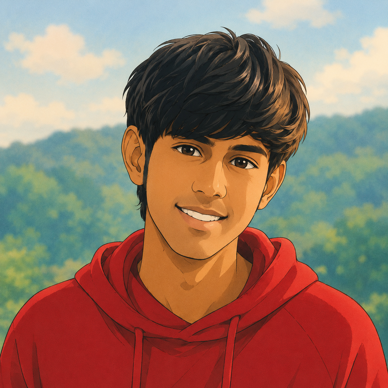 Anime-style portrait of a smiling young man wearing a red hoodie, with dark hair and a soft outdoor background featuring trees and a blue sky.