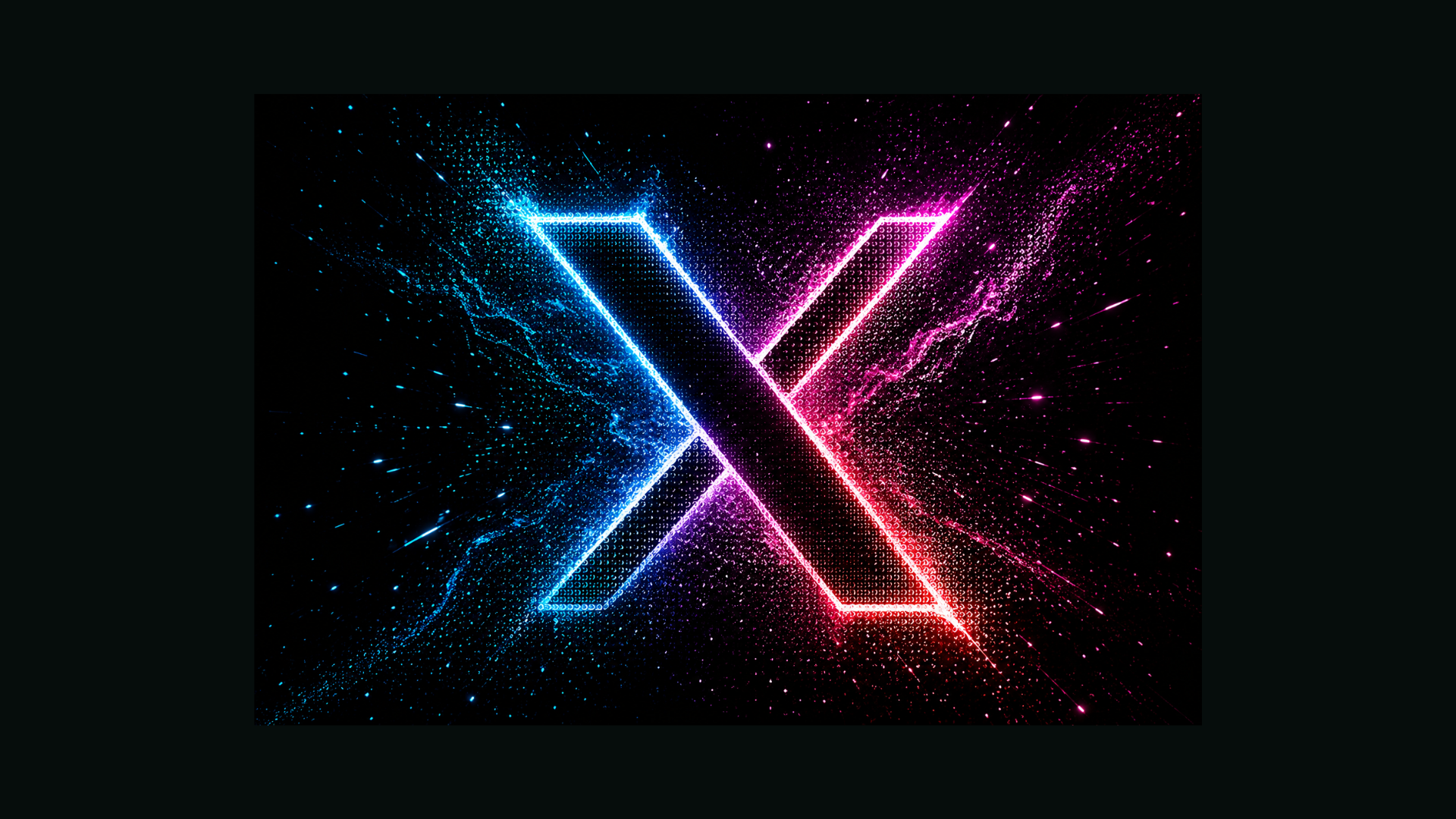 Futuristic glowing X logo made with neon blue and pink particle effects on a black background, featuring dynamic light bursts and a cyberpunk digital aesthetic.