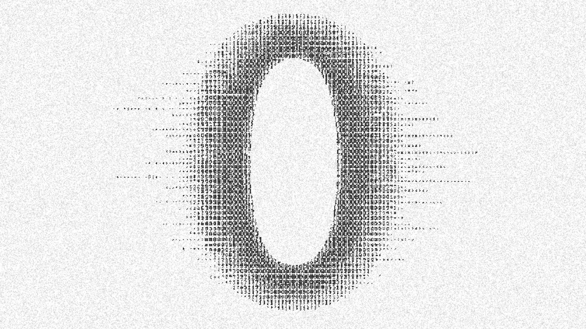 An ASCII art rendering of a large number zero centered on a light, grainy background. The main body of the zero is composed of densely packed, dark text characters and symbols, giving it a solid but textured appearance. The inner oval of the zero is empty, showing the light background. Around the outer edges of the number, the characters become sparser and fragment into horizontal trails of scattered symbols, creating a glitched, digital, or disintegrating effect that fades into the surrounding static noise.