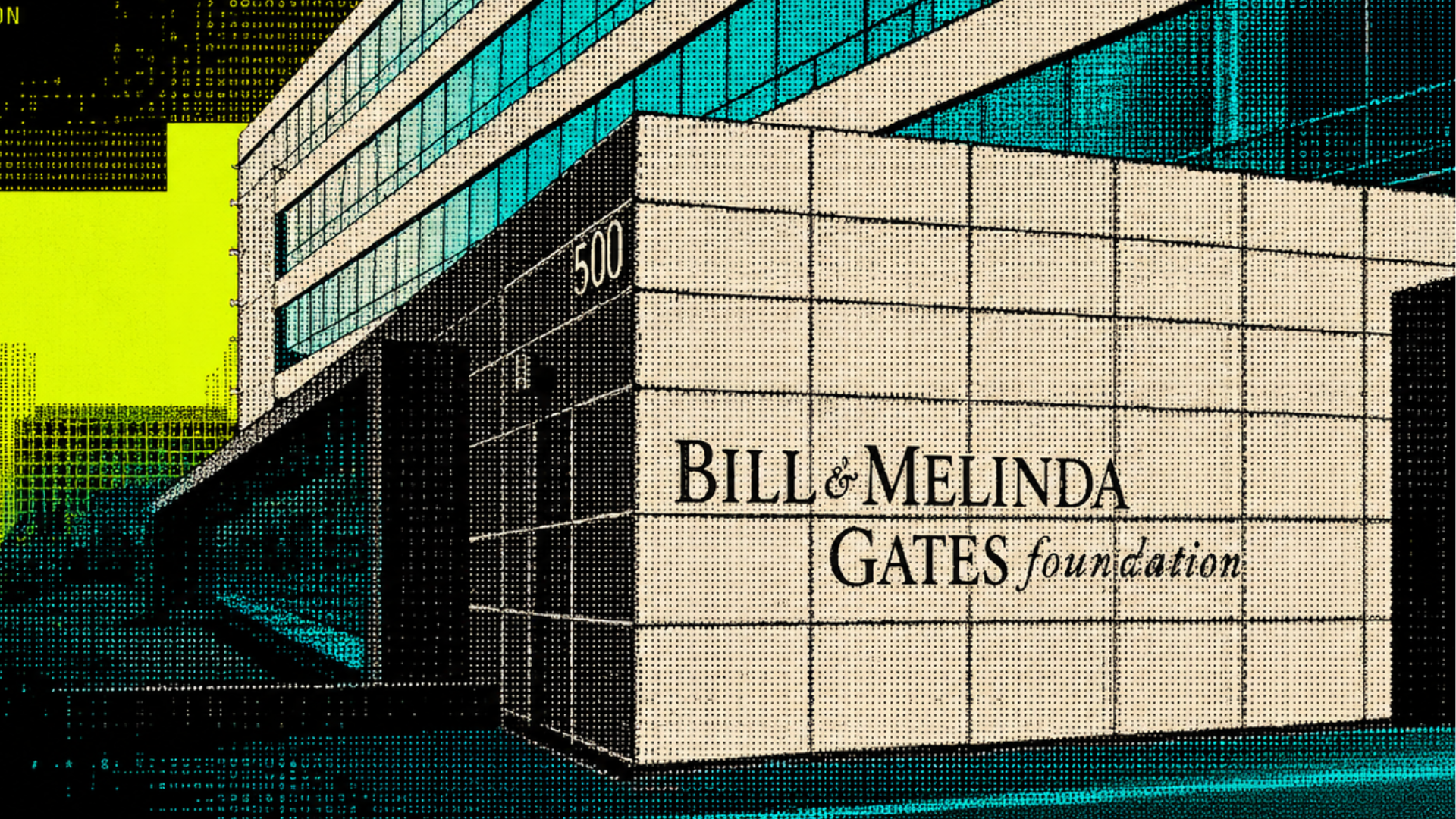 Stylized halftone illustration of the Bill & Melinda Gates Foundation office building with bold cyan and neon yellow tones, digital pixel textures, and modern graphic-art aesthetics.