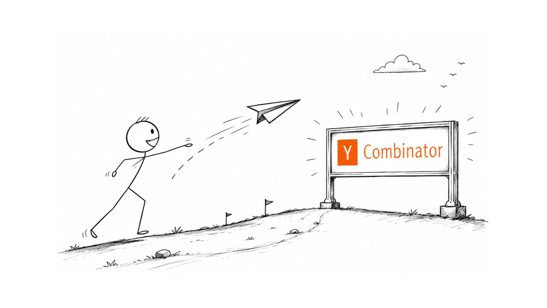 Illustration of a startup founder throwing a paper airplane towards a Y Combinator sign, symbolizing the submission of a Y Combinator application.
