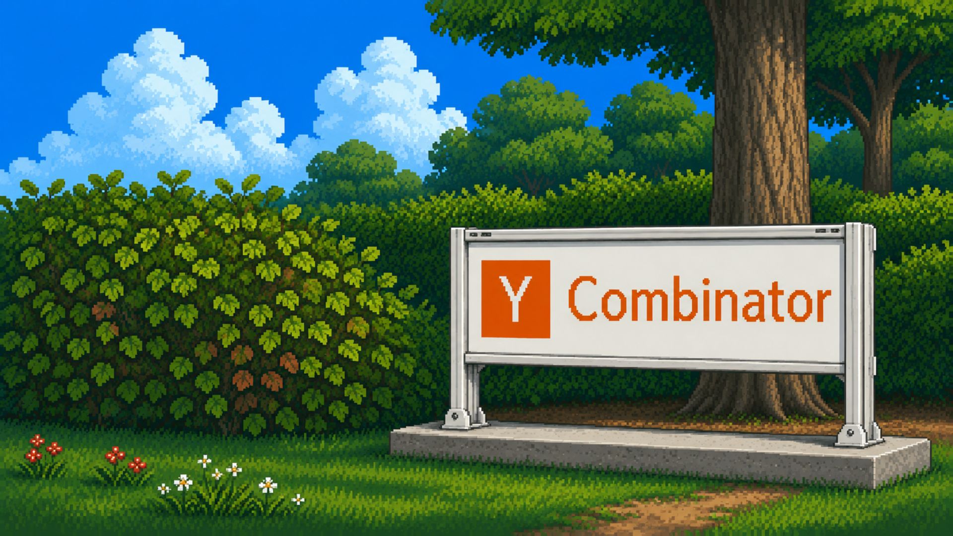 Pixel art illustration of the orange and white Y Combinator sign standing in a green grassy park with trees under a blue sky, representing the startup accelerator