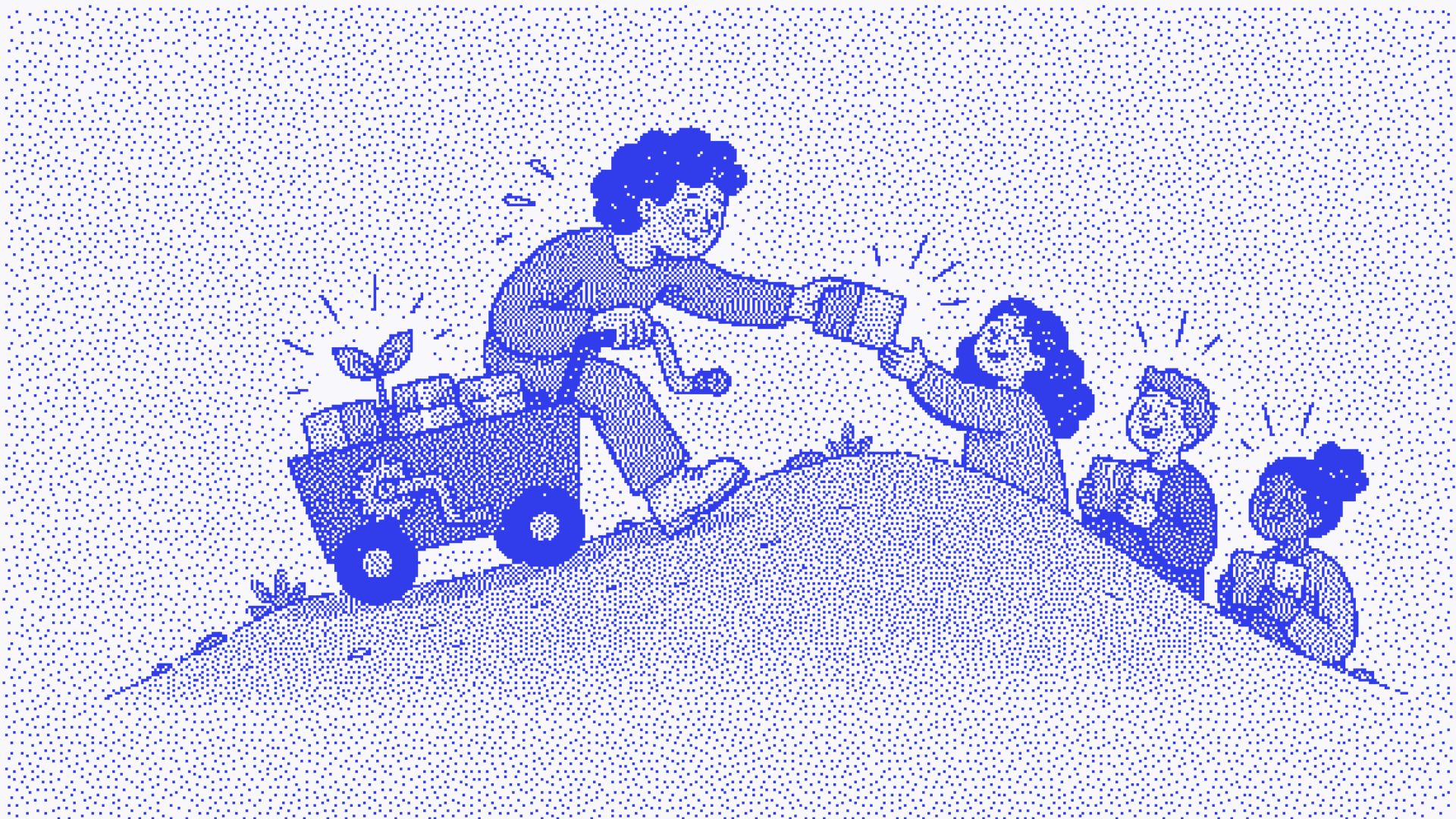 Blue stippled illustration of a startup founder pedaling a cart uphill to hand-deliver packages directly to smiling early customers, symbolizing doing unscalable manual work to drive growth