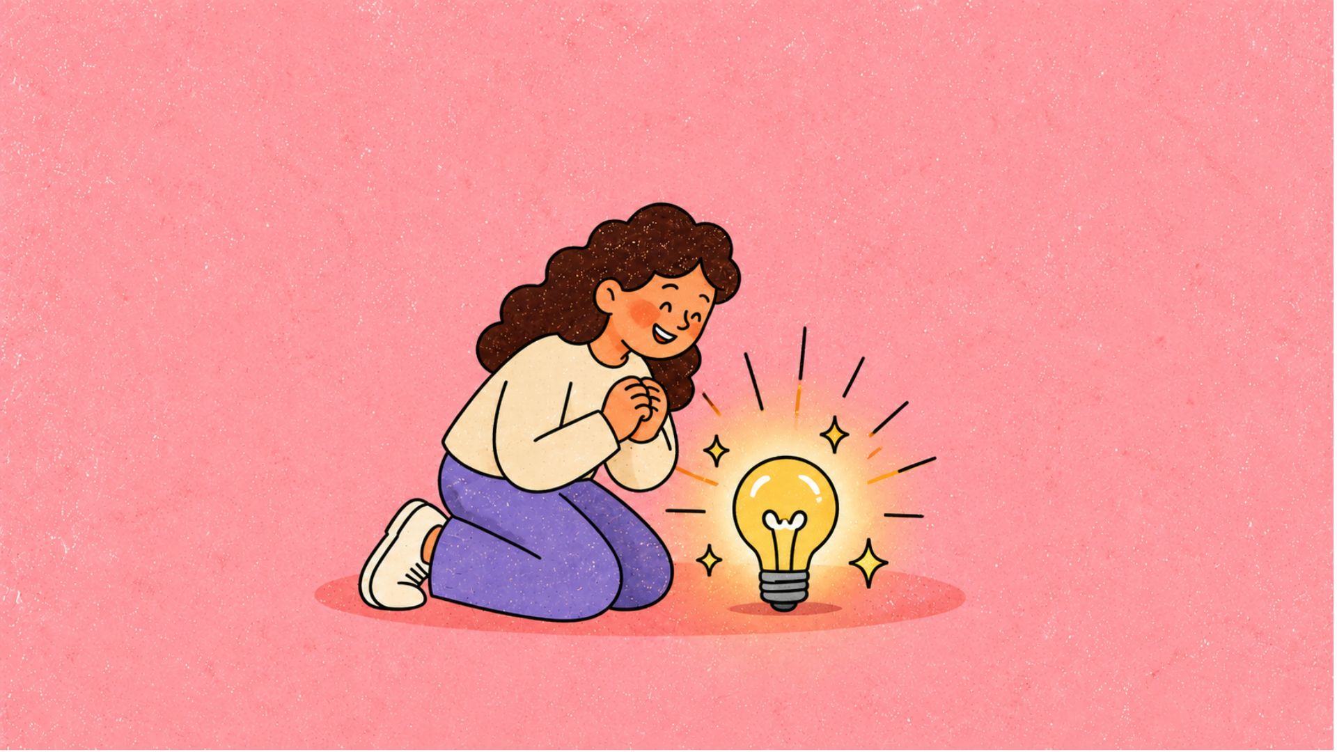 Illustration of a woman kneeling joyfully in front of a glowing lightbulb on a pink textured background